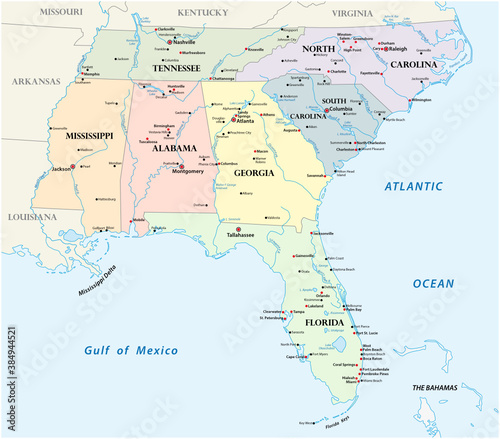 administrative vector map of the states of the Southeastern United States