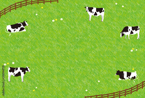 牧場でくつろぐ牛たち　背景イラスト