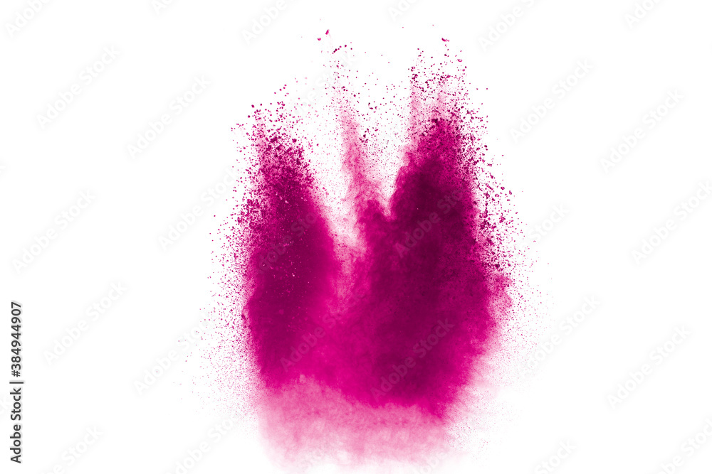 Abstract blue pink powder explosion on white background.