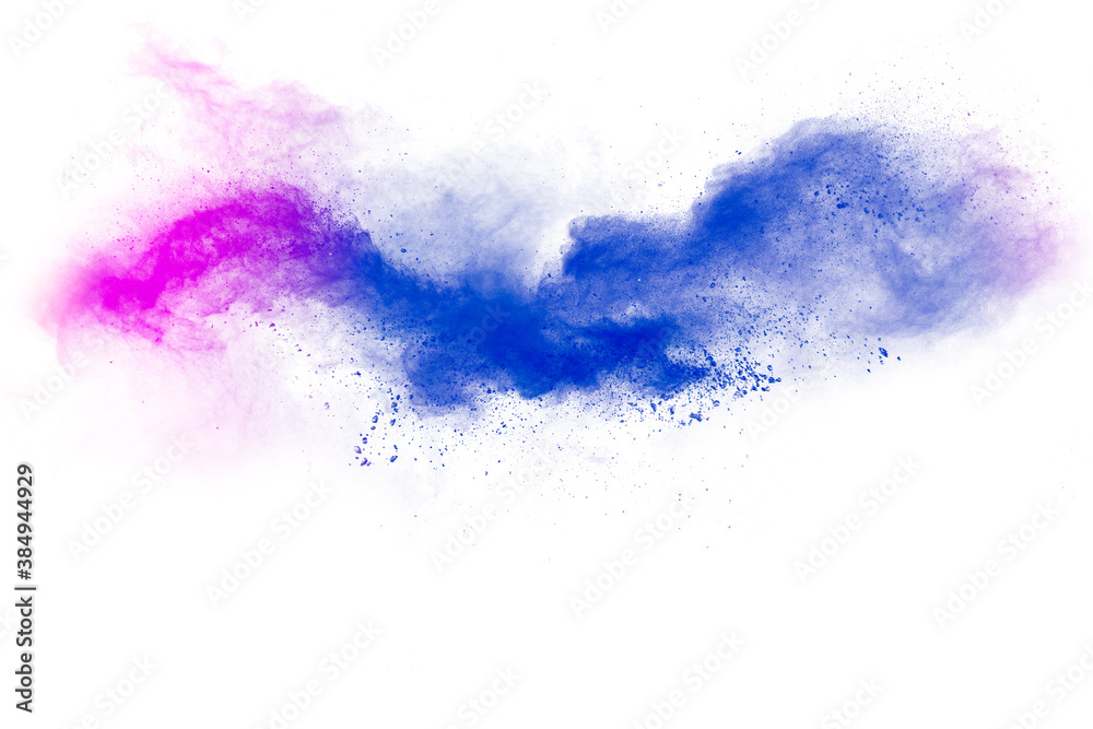 Abstract blue pink powder explosion on white background.