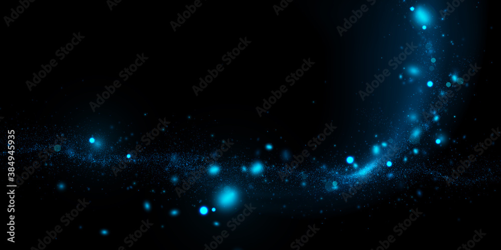 Vector abstract background with blue particles on dark. Glowing magical lights, sparkling glittering effect.
