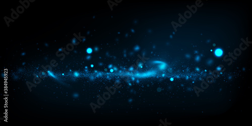 Vector abstract background with blue particles on dark. Glowing magical lights, sparkling glittering effect.