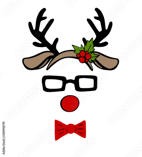 Deer mask in cartoon cute style on white background. Merry christmas reindeer party photo booth props. Holiday costume vector illustration. Isolated vector clown animal cartoon.