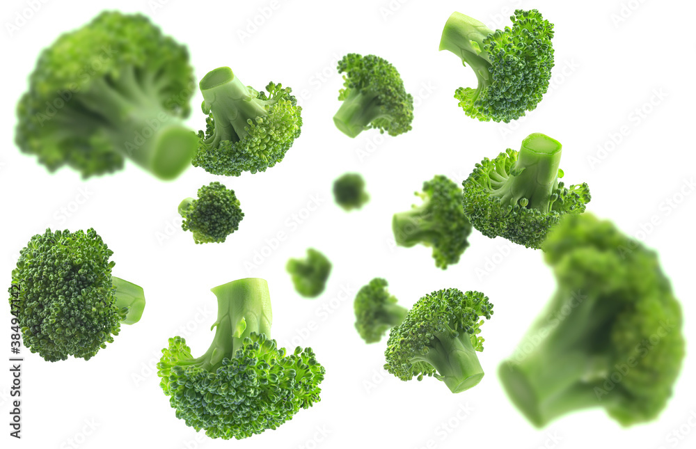 Green broccoli levitating on a white background Green broccoli levitating on a white background
