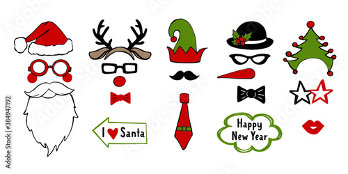 Christmas mask. Holiday photo booth props. Vector xmas masquerade party costume accessories collection. Noel decoration. Happy new year cartoon illustration card background