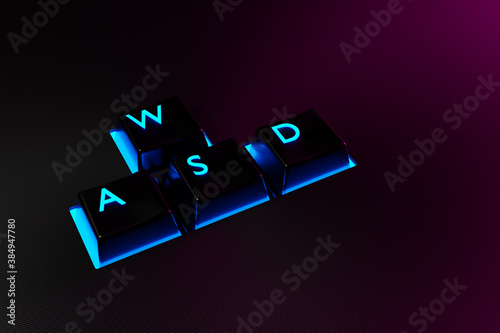 3D illustration keyboard buttons WASD with neon light on black background. Computer cybersport gaming concept. Game control icon photo