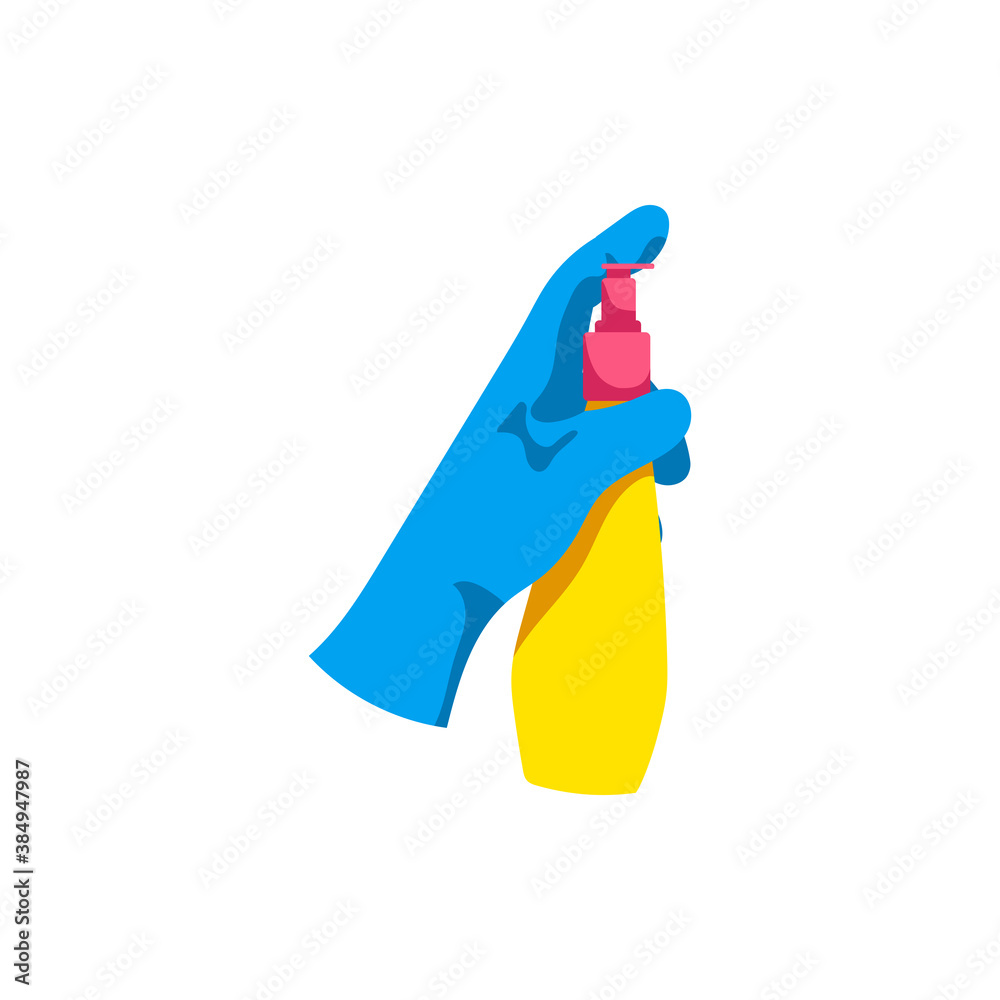 Hand holding sprayer bottle. Gloved hand with detergent supply product. Cleaning service, housework, hygiene cleanup chores concept cartoon vector illustration isolated on white background Hand holding sprayer bottle. Gloved hand with detergent supply product. Cleaning service, housework, hygiene cleanup chores concept cartoon vector illustration isolated on white background