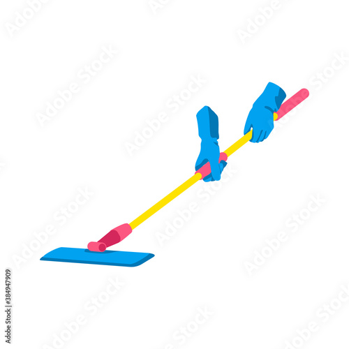 Hand holding floor mop. Human hands in blue rubber gloves mopping floor. Cleaning service, housework, hygiene cleanup chores concept cartoon vector illustration isolated on white background