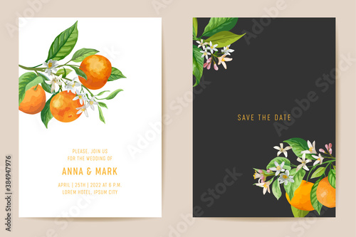 Wedding invitation card, vintage Save the Date mandarin, botanical citrus template design watercolor illustration photo