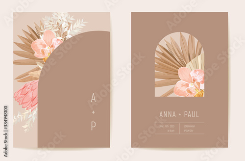 Wedding watercolor orchid flowers Invitation, dry tropical palm leaves card, dried pampas grass template