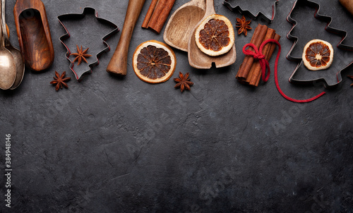 Christmas greeting card with kitchen utensils and ingredients