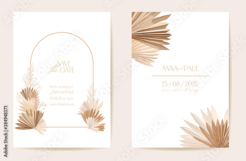 Wedding invitation dried tropical palm leaves, flowers card, dry pampas grass watercolor template photo