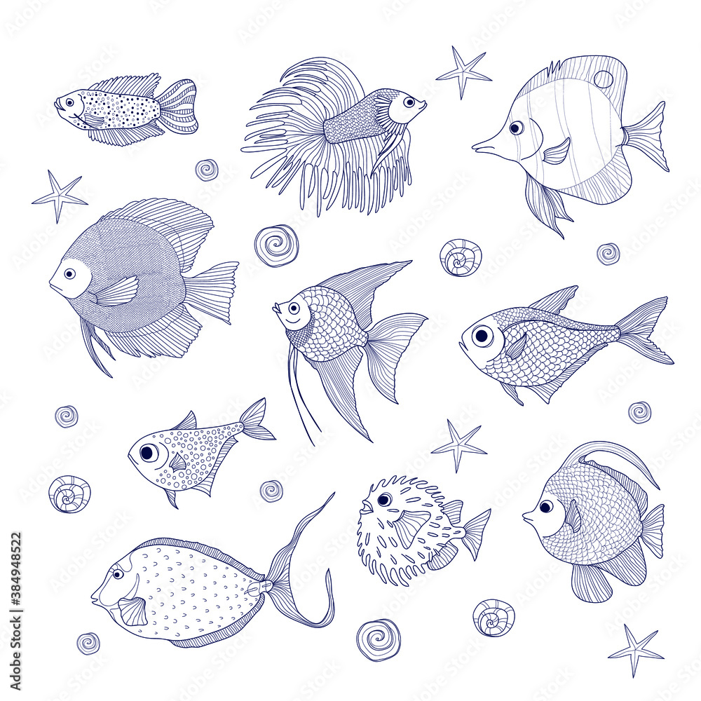 Vetor de Set of 10 species of fish. Dwarf gourami, Scalar, Discus, Fish