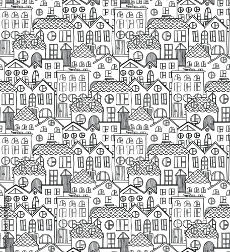 Cute seamless pattern with hand drawn houses. Vector collection