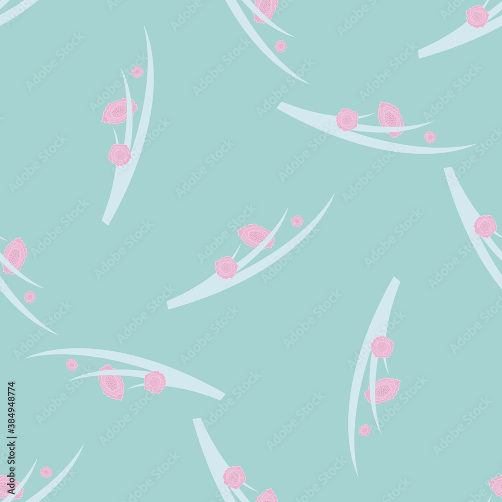 Seamless background with pink flowers and green leaves. Hand-drawn. For fabrics, textiles, gift wrapping, wall decoration. Vector image