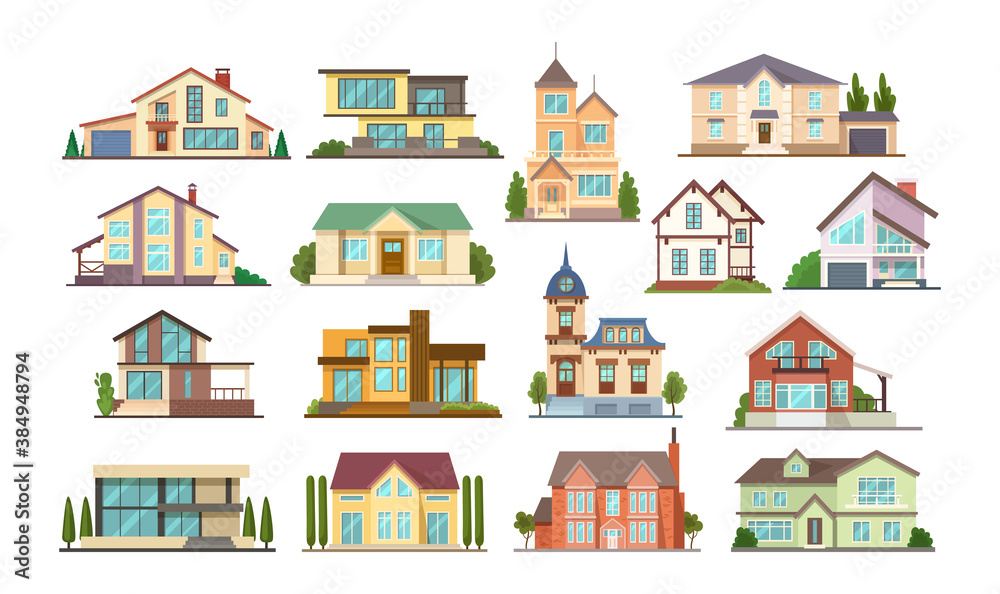 Set colorful country town houses with roof, suburban cottages, guest house, mansion, townhouse, house brick, buildings. Facade apartment house. Real Estate vector illustration