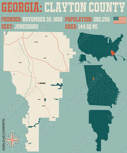 Large and detailed map of Clayton county in Georgia, USA.
