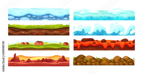 Ice with snow, desert, ice sheet, sea water with waves, stone surface, volcanic land, landscape with houses, grass vegetation. Landscape grounds seamless. Texture gaming floor ground