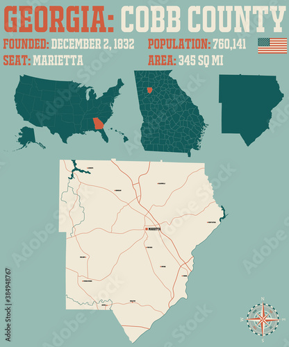 Large and detailed map of Cobb county in Georgia, USA.
