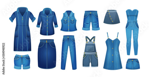 Denim blue clothing jeans female. Casual outfit for women. Blue jean garments for trendy look. Fashion style womenswear. Modern female denim skirt  trousers  overalls  sundress  shorts.