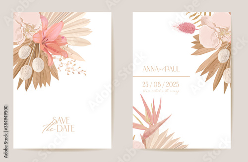 Wedding watercolor orchid flowers Invitation, dry tropical palm leaves card, dried pampas grass template