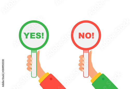 Yes and no signs. Hands hold signboard yes and no. Concept of choice, voting, and dilemma.