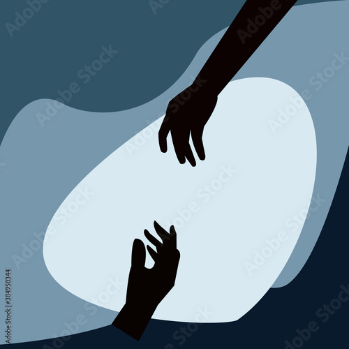 Helping hands symbolize, Help icon , Two hands of glowing particles, hands reaching to each other. vector isolate flat design concept of support and care for people under depression, stress, Helping.