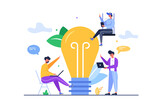 Group of guys with gadgets come up with a big idea in the form of a big light bulb isolated on white background, flat vector illustration