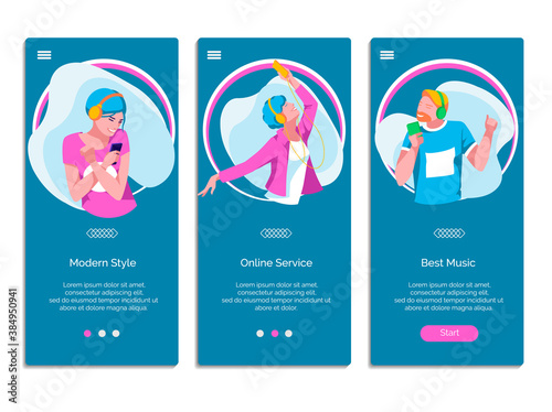 Online music service mobile app onboarding screen. Young people in headphones listening to music on smartphones. Music streaming service, audio playlist application flat vector illustration