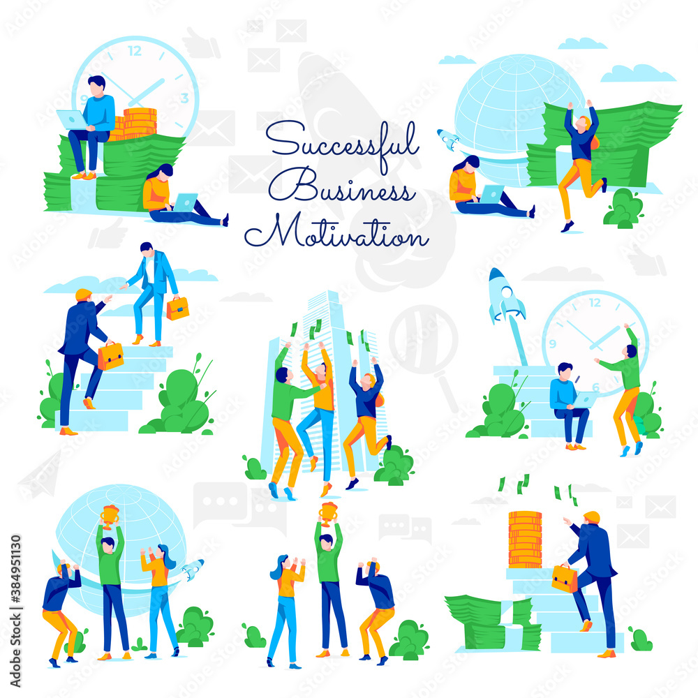 Successful business motivation set. Successful business team overcoming obstacles, achieving goals, celebrating financial success. Business motivation and ambitions flat vector illustration