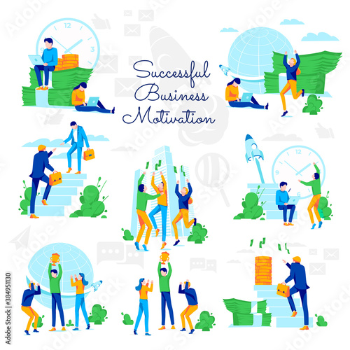 Successful business motivation set. Successful business team overcoming obstacles, achieving goals, celebrating financial success. Business motivation and ambitions flat vector illustration