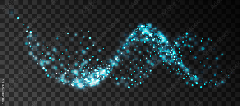 Blue sparkling waves. Dynamic shiny particles on a transparent background. Wavy light effect