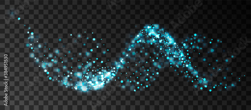 Blue sparkling waves. Dynamic shiny particles on a transparent background. Wavy light effect