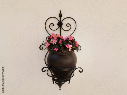 Flower pot and wonderful flower mounted on the wall of the house on the street.