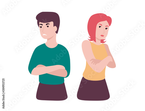 Offended, angry and resentment woman and man. Complicated relationship. Cross arms, crossed pose. Flat vector cartoon illustration.