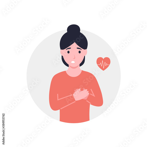 Rapid pulse or heart attack, pain. Woman holds hands on chest. Girl with strong chest pain, feel pressure or squeezing. Flat vector cartoon modern illustration.