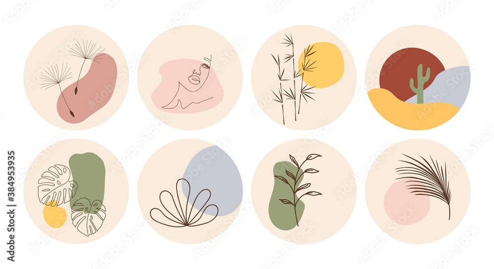 Vector set of round boho icons and emblems for social media story ...