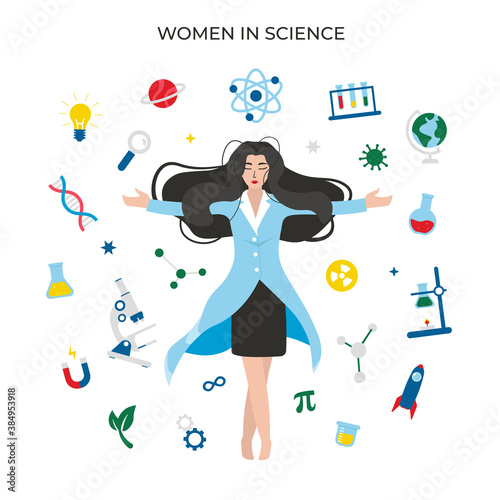 Women in science, concept character with icons. Flat vector cartoon modern illustration.