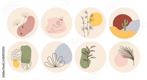 Vector set of round boho icons and emblems for social media story highlight covers. Hand-drawn trendy design templates for bloggers, designers and photographers.