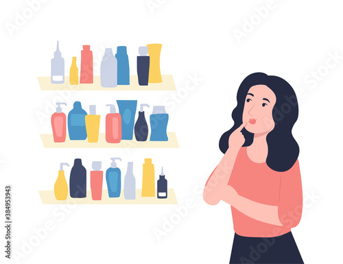 Young beautiful girl chooses a care cosmetics. Skincare concept. Flat vector cartoon illustration.