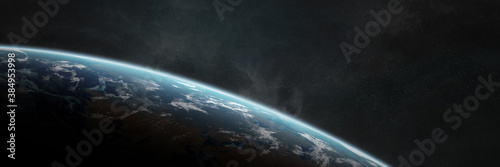 Fototapeta Naklejka Na Ścianę i Meble -  Panoramic planet Earth background. Panorama of space view of the globe 3D rendering elements of this image furnished by NASA