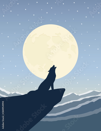 wolf howls at the full moon on snowy mountain landscape vector illustration EPS10