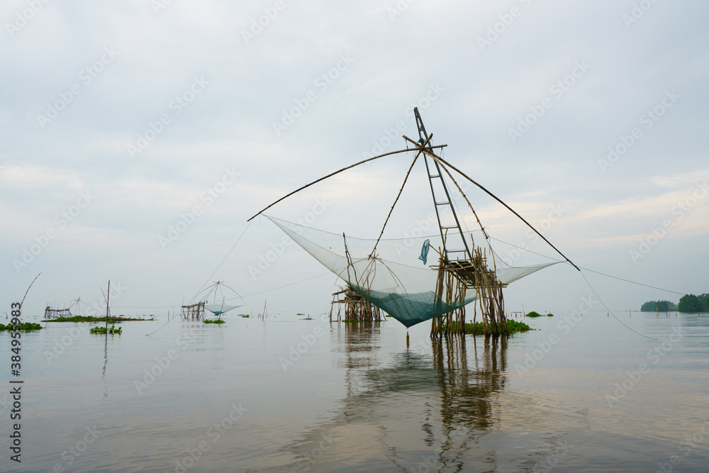 Large fish traps of fishermen in the lake