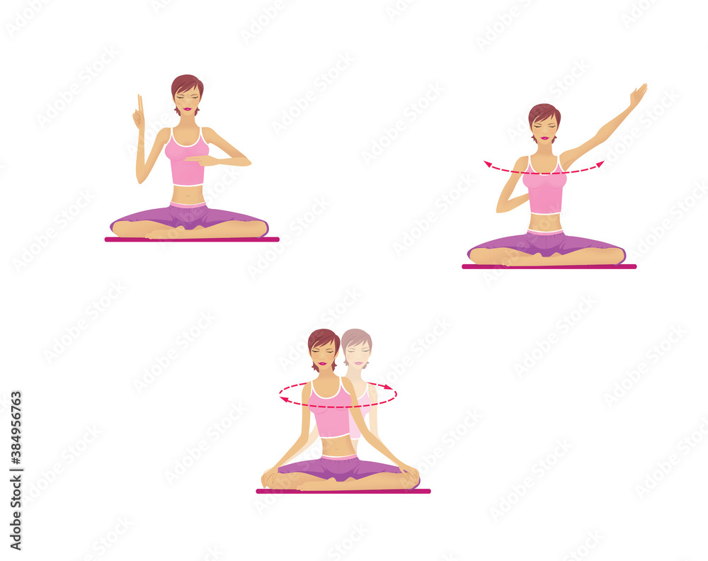 Yoga for breathing and spine. Asanas. The girl trains and looses. Illustration isolated on white background Yoga for breathing and spine. Asanas. The girl trains and looses. Illustration isolated on white background