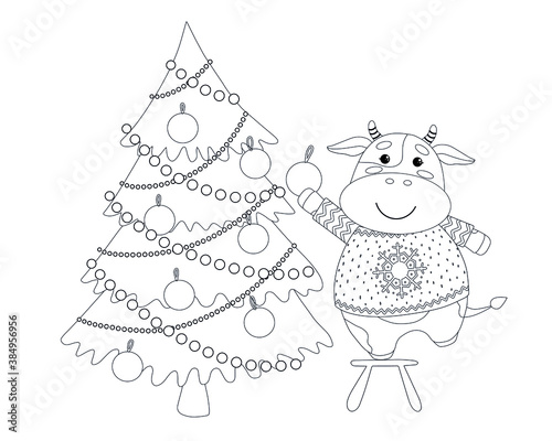 Vector cute linear cow or bull. Symbol of year 2021. Calf in sweater, decorating Christmas tree. Coloring page for kids. Isolated on white background