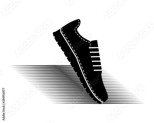 One sneaker with shadow under the sole. Sport shoe for running. Black and white silhouette. Sport footwear for men and women. City fashionable youth shoes. Vector illustration, icon, logo. Side view.