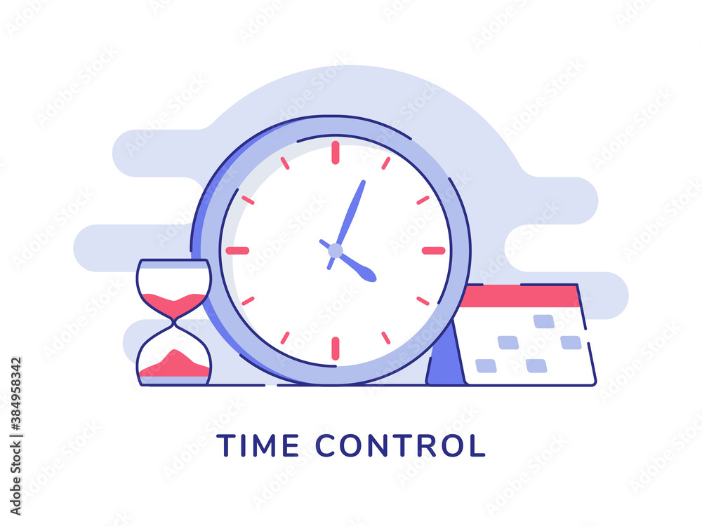Time control concept clock hourglass calendar white isolated background with flat outline style