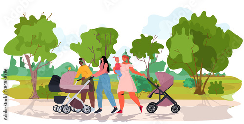 mix race mothers walking with newborn babies in strollers motherhood concept urban park landscape background horizontal full length vector illustration