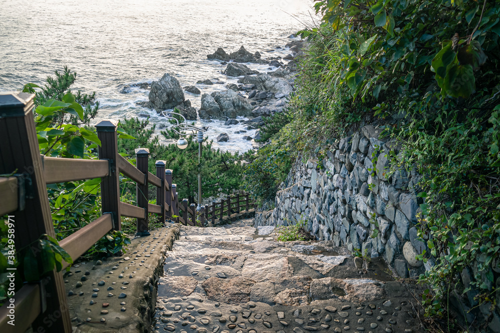 Stairs to the famous coastal cliff of Yeongdo Island in Busan, South Korea