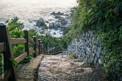 Stairs to the famous coastal cliff of Yeongdo Island in Busan, South Korea